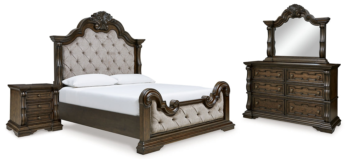 Maylee Queen Upholstered Bed with Mirrored Dresser and Nightstand