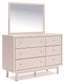 Wistenpine Full Upholstered Panel Headboard with Mirrored Dresser and Nightstand