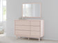 Wistenpine Full Upholstered Panel Headboard with Mirrored Dresser, Chest and 2 Nightstands