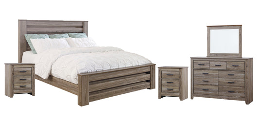 Zelen King Panel Bed with Mirrored Dresser and 2 Nightstands