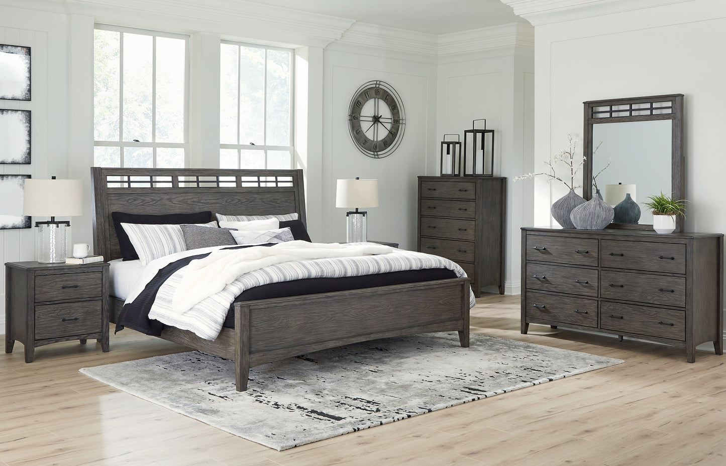 Montillan Queen Panel Bed with Mirrored Dresser, Chest and 2 Nightstands