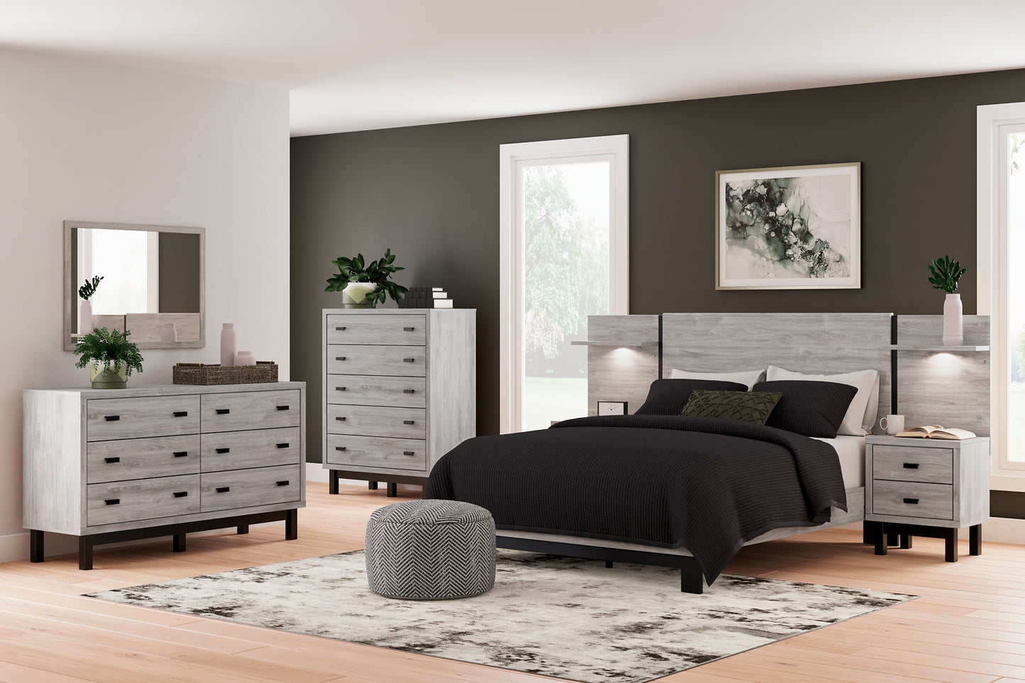 Vessalli Queen Panel Bed with Mirrored Dresser and Chest